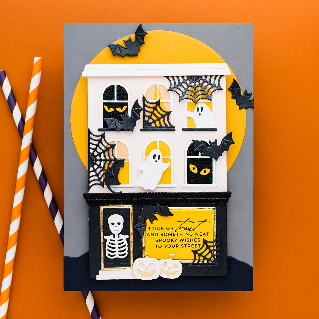Spellbinders Halloween City Holiday Decorations Dies Bundle spiderwebs ghosts pumpkins trick or treat card yana smakula