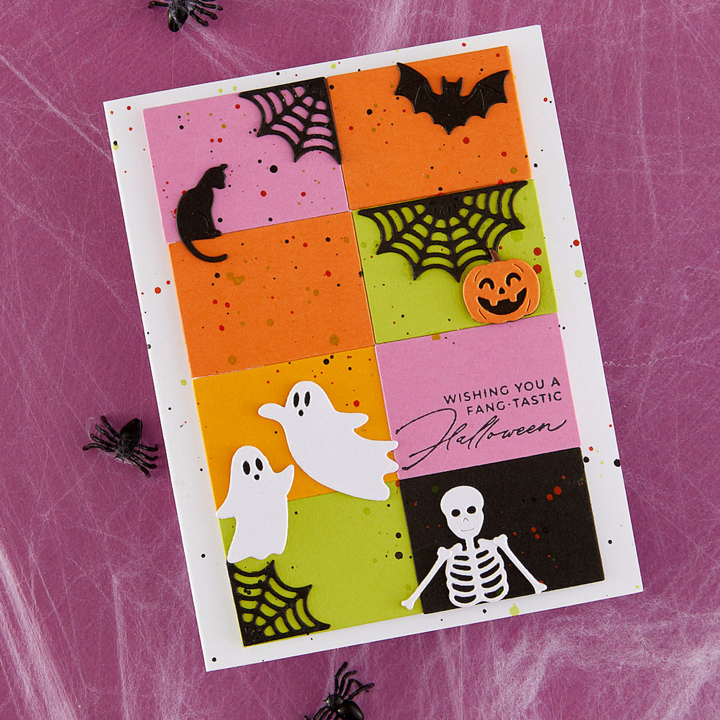 Spellbinders Halloween City Holiday Decorations Dies, Press and Foil Bundle fang-tastic halloween ccard ghosts skeleton