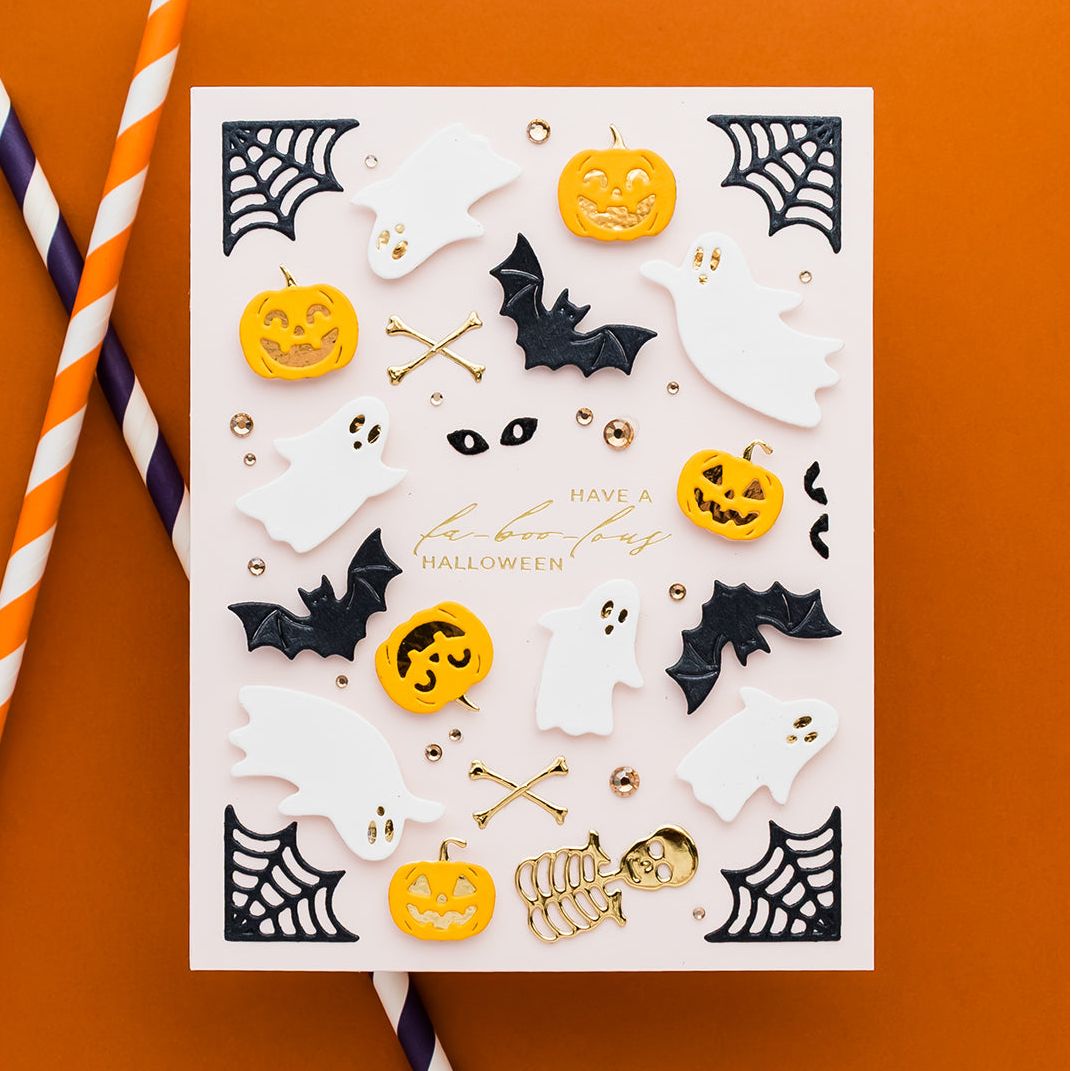 Spellbinders Halloween City Holiday Decorations Etched Dies s4-1569 bats pumpkins ghosts skeleton happy halloween card yana smakula