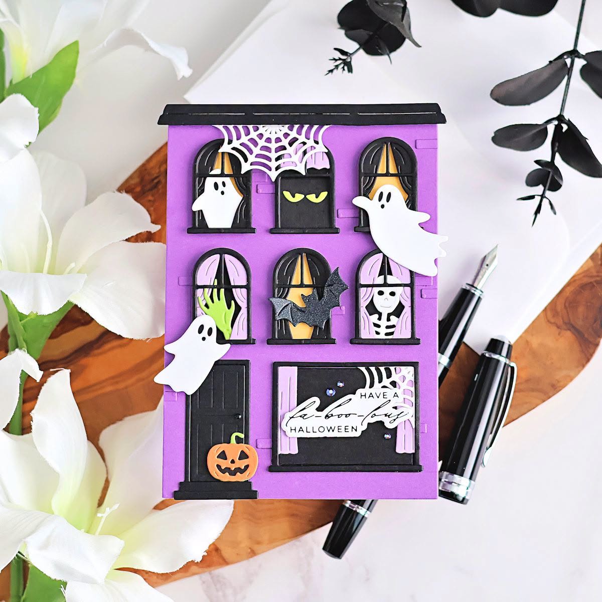 Spellbinders Halloween City Holiday Decorations Etched Dies s4-1569 ghosts spider bat pumpkin house halloween card 