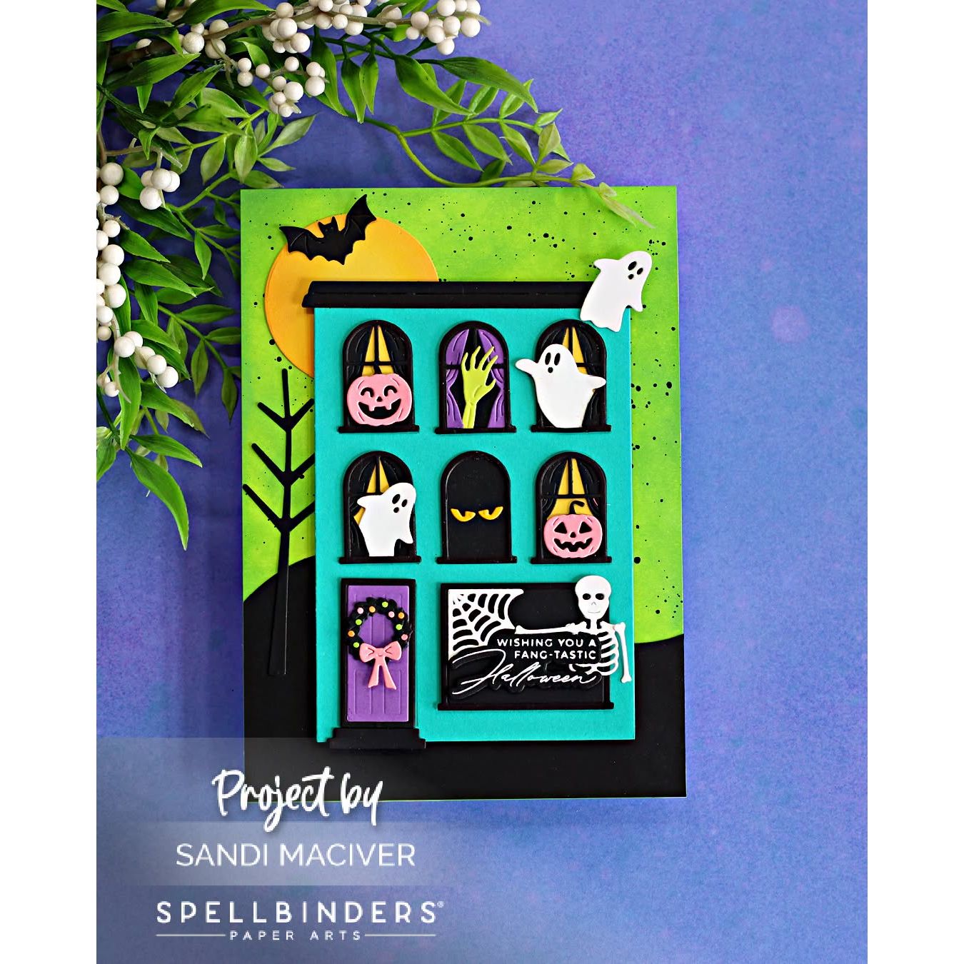 Spellbinders Halloween City Holiday Decorations Etched Dies s4-1569 green hand ghosts in window blue house skeleton halloween card sandi maciver