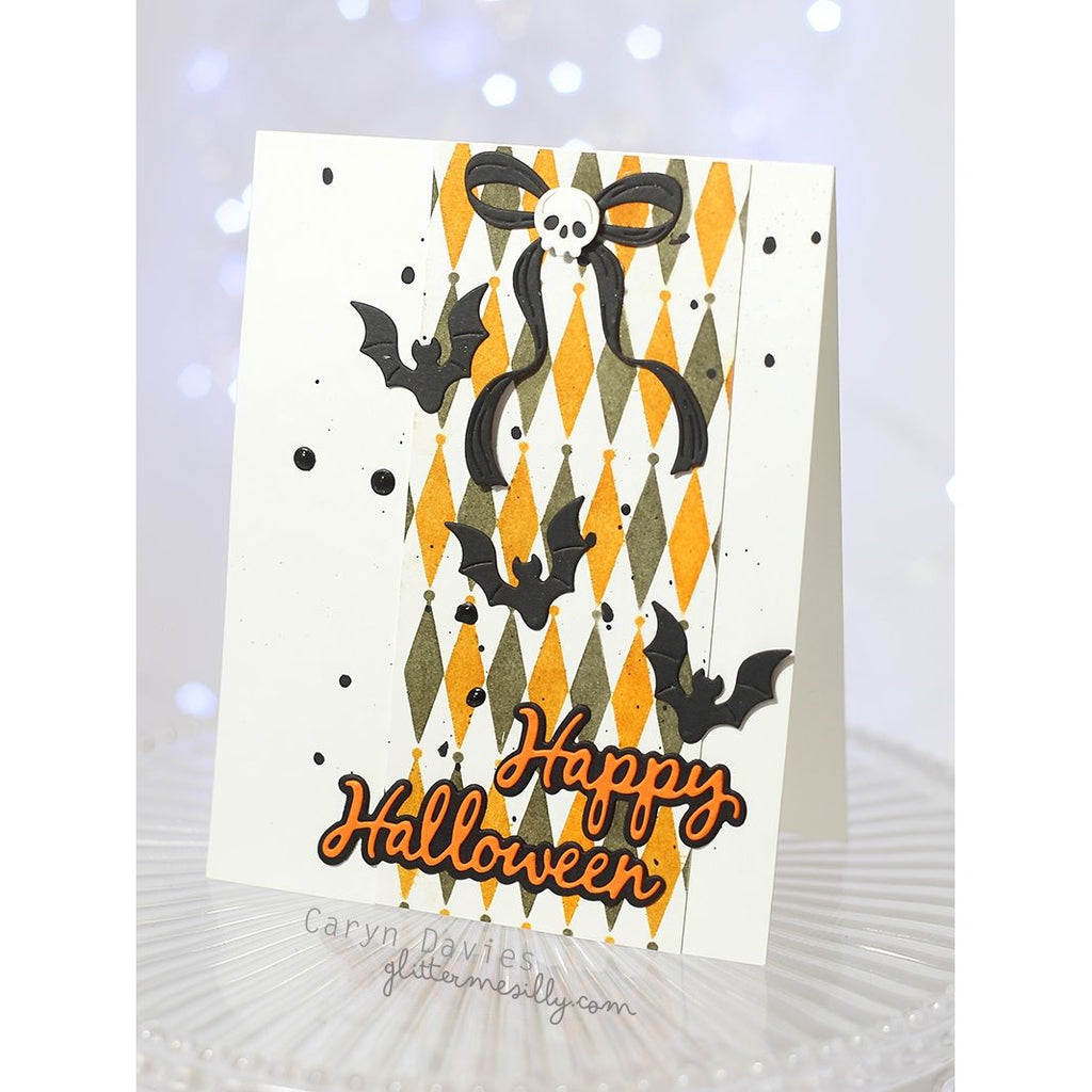 Spellbinders Halloween Wreath Add-Ons Etched Dies s5-601 black bats skull bow black and orange diamonds halloween card caryn davies