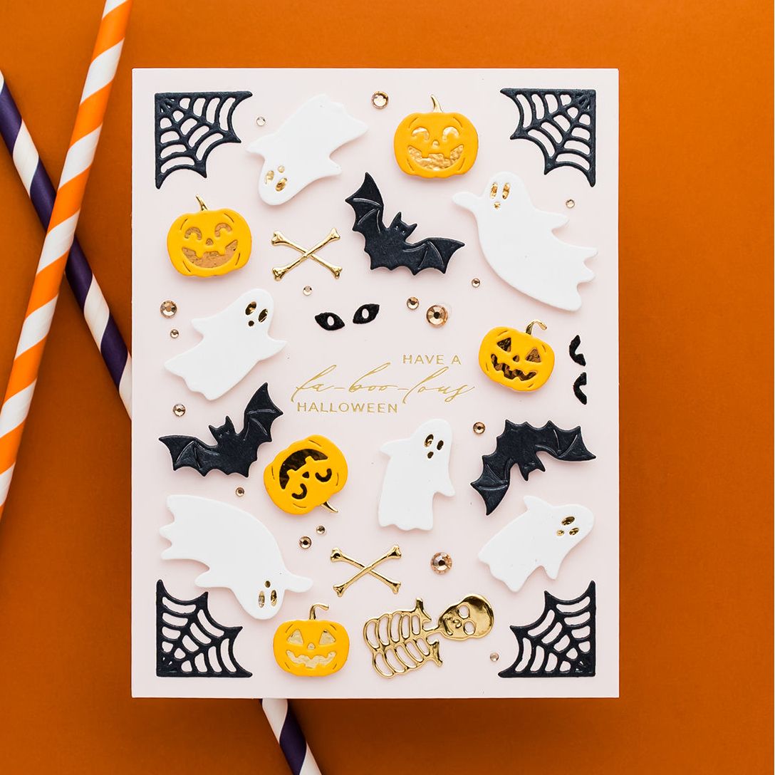 Spellbinders Happy Halloween Sentiments Press and Foil Plate and Die Set bp-381 bones skeleton bats spiderwebs halloween card yana smakula