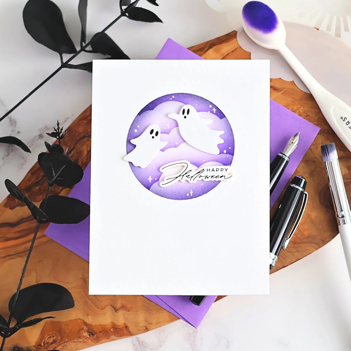 Spellbinders Happy Halloween Sentiments Press and Foil Plate and Die Set bp-381 ghost with purple clouds happy halloween card