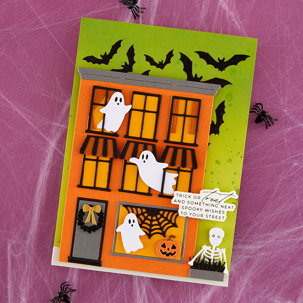 Spellbinders Happy Halloween Sentiments Press and Foil Plate and Die Set bp-381 trick or treat house card