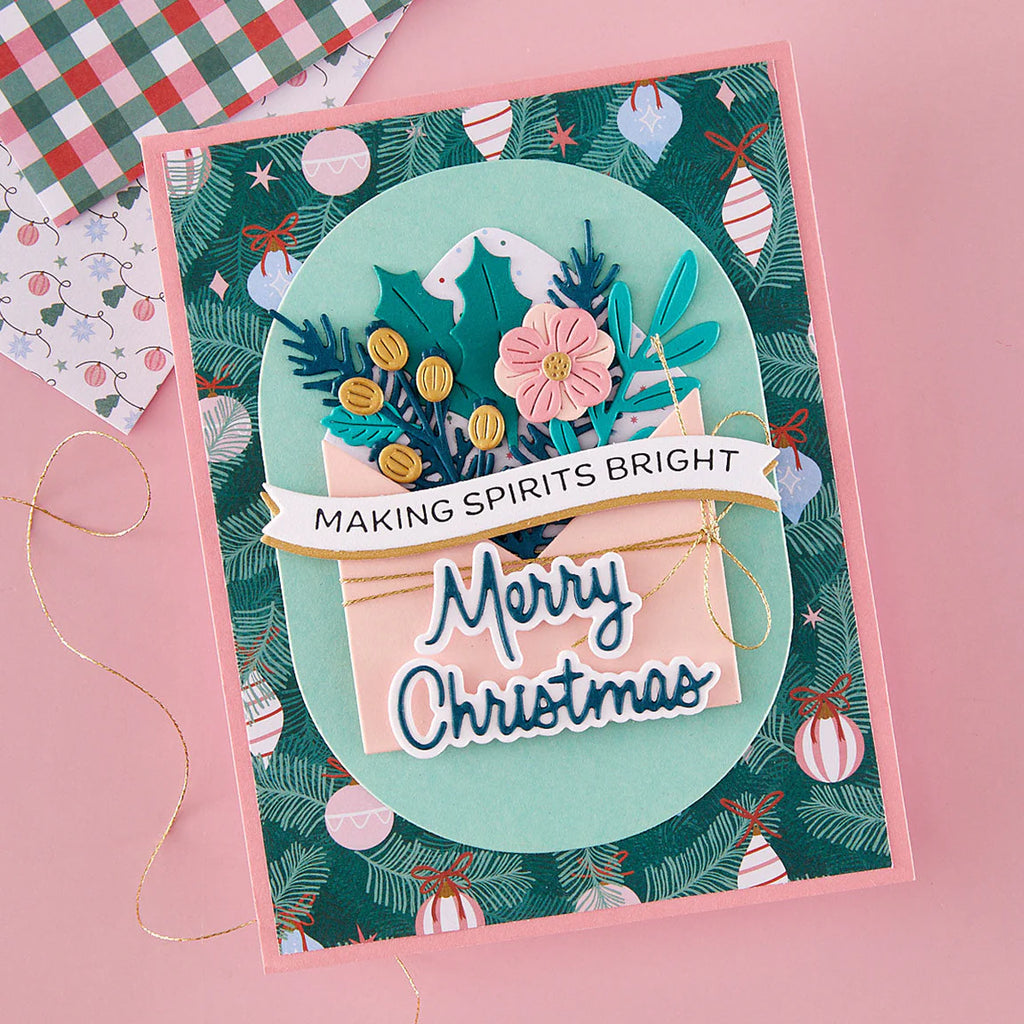 Spellbinders Happy Post Envelope Etched Dies s4-1548 garland and ornament background pink envelope christmas card