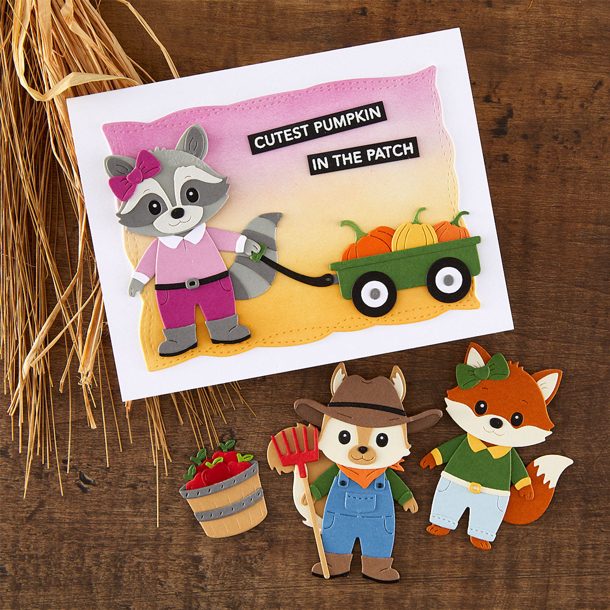 Spellbinders Harvest Style Etched Dies s3-591 cutest pumpkin in the patch raccoon squirrel fox autumn card