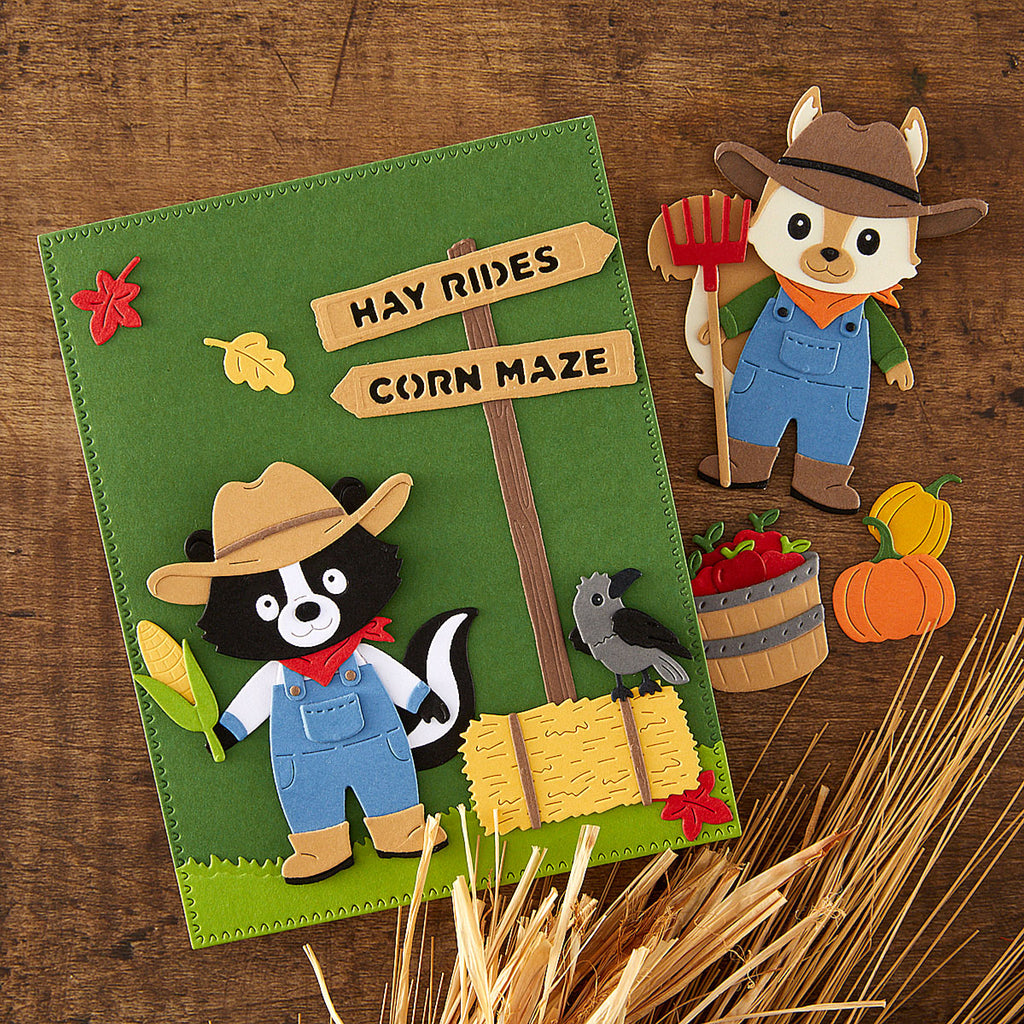 Spellbinders Harvest Style Etched Dies s3-591 hay ride corn maze skunk squirrel farmer autumn card