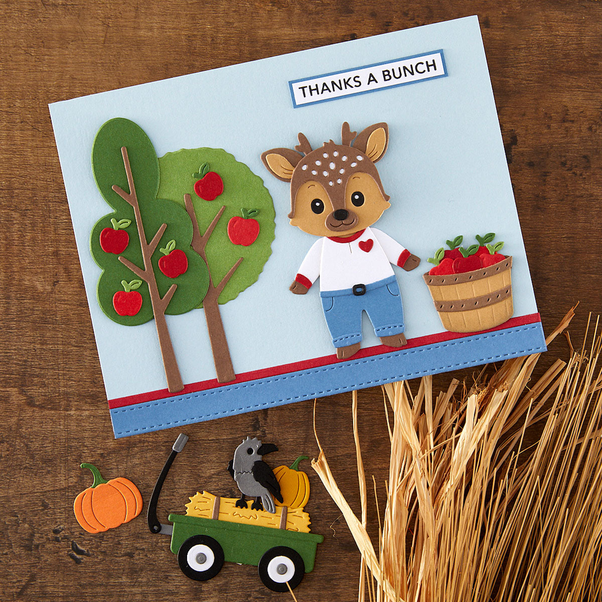 Spellbinders Harvest Style Etched Dies s3-591 thanks a bunch apple picking deer card