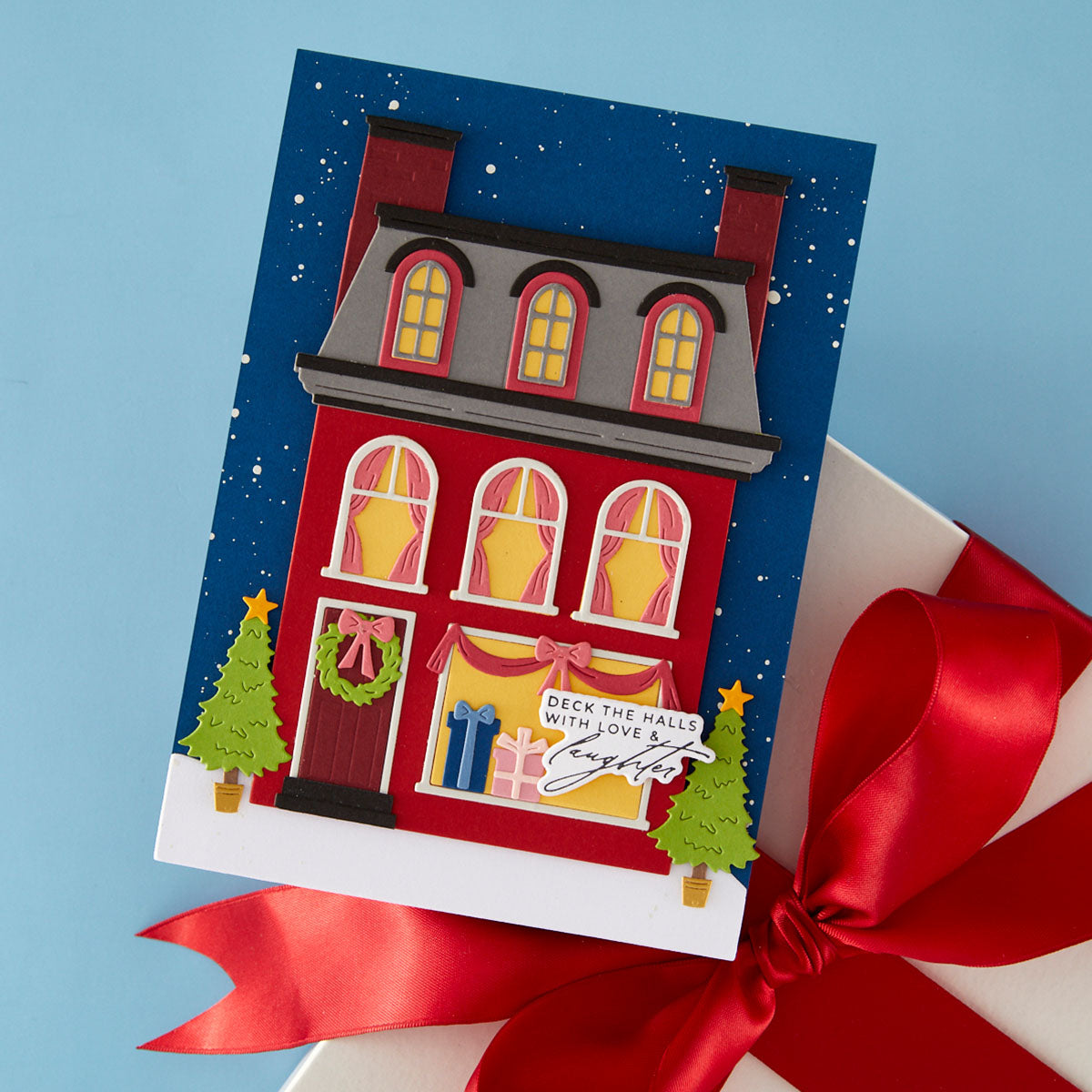 Spellbinders Holiday Hugs Sentiments Press and Foil Plate and Die Set bp-386 deck the halls with love and laughter card