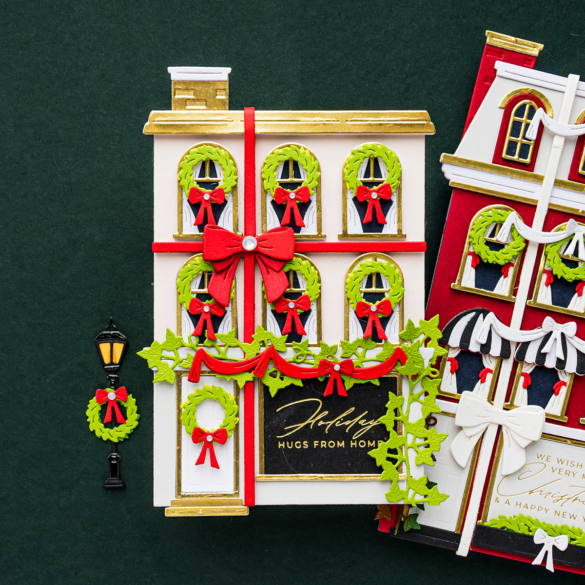 Spellbinders Holiday Hugs Sentiments Press and Foil Plate and Die Set bp-386 gold trim white house christmas wreaths red bow christmas card yana smakula