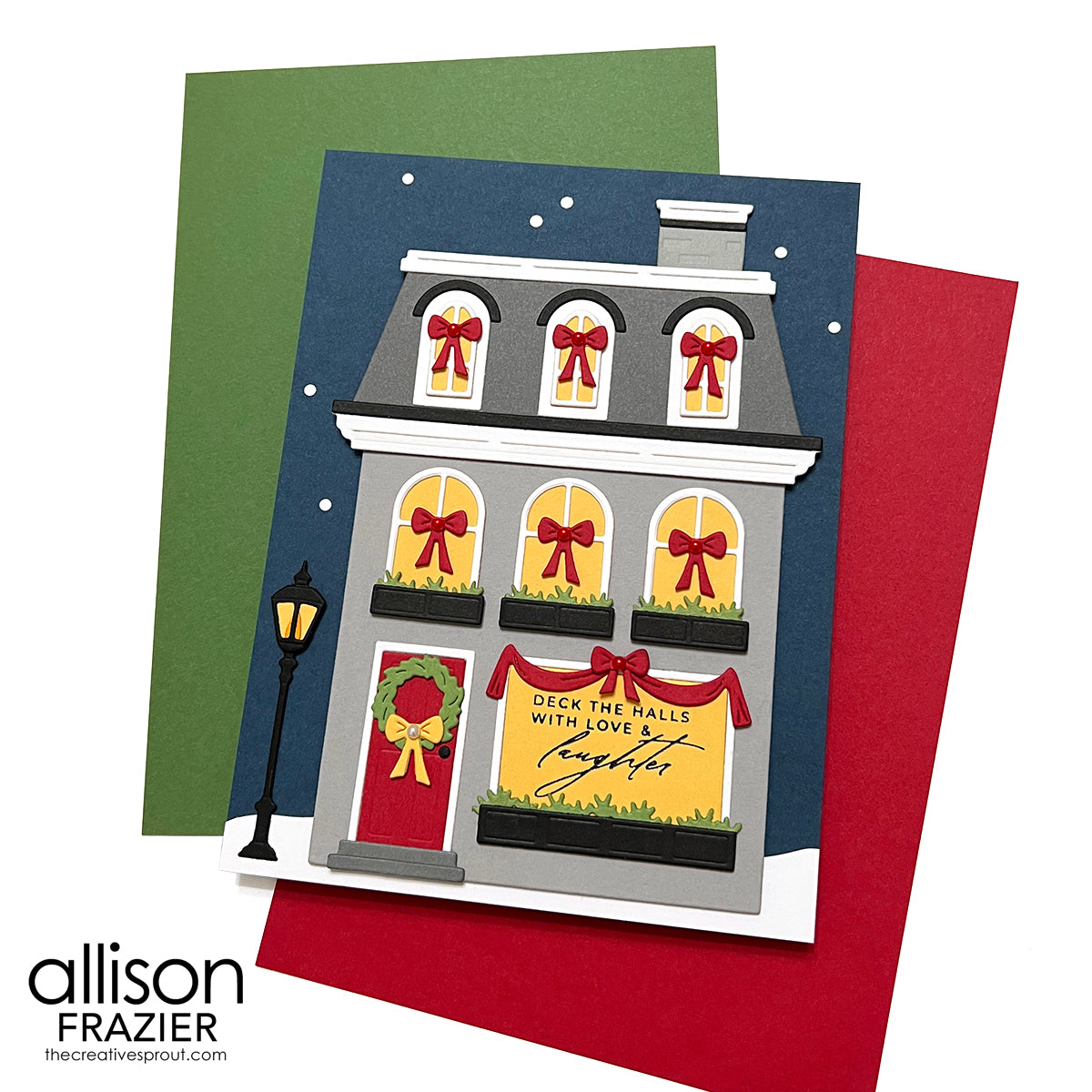 Spellbinders Holiday Hugs Sentiments Press and Foil Plate and Die Set bp-386 red ribbons grey house wreath card allison frazier