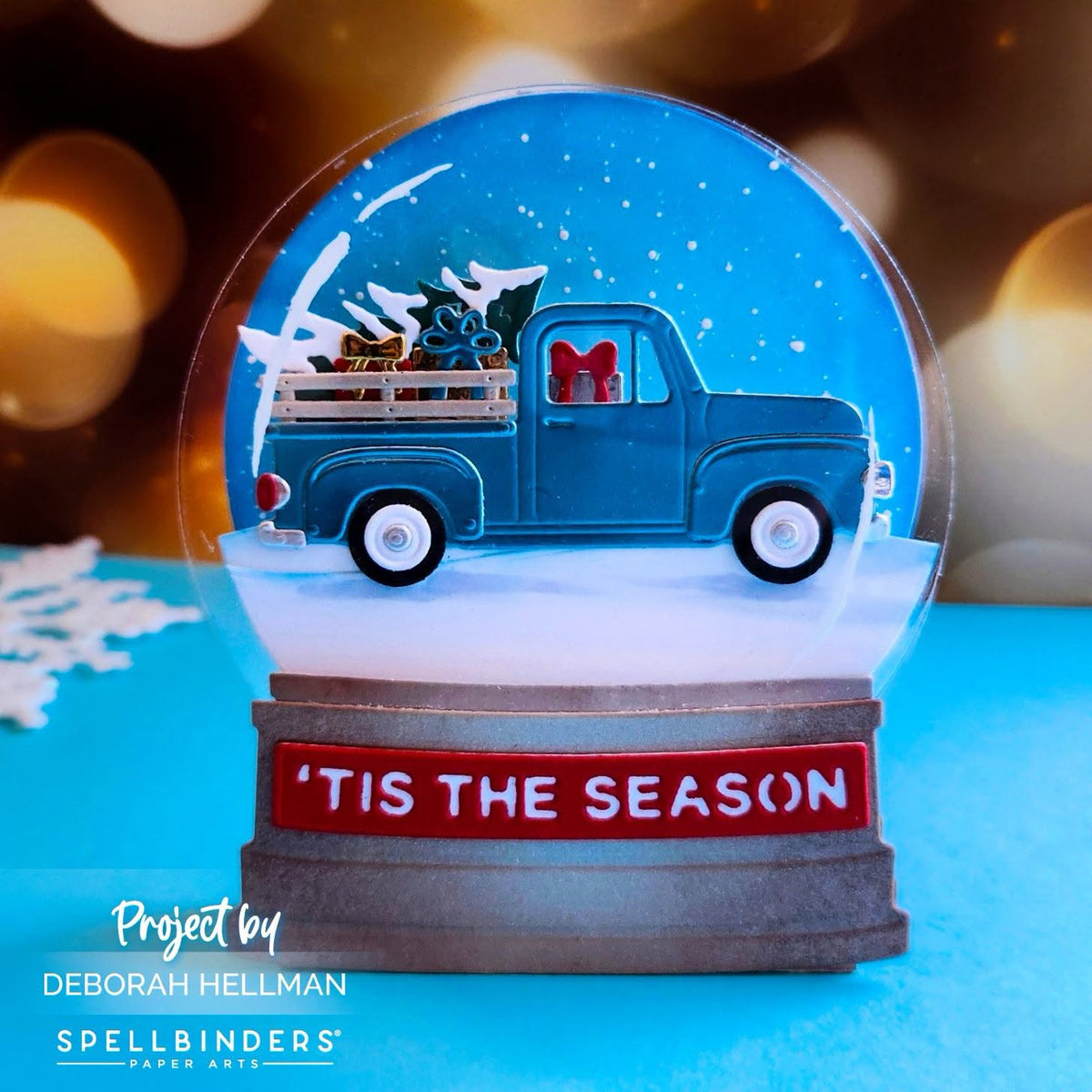 Spellbinders Holiday Truck Scene Etched Dies s4-1576 blue truck with christams tree presents red bow tis the season card deborah hellman