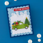 Spellbinders Holiday Truck Scene Etched Dies s4-1576 green truck white houses christmas tree tis the season card