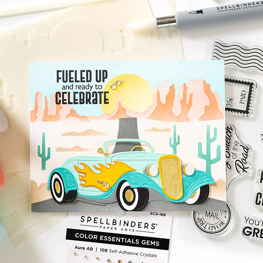 Spellbinders Hot Rod Flames Etched Dies S5-759 blue car yellow flame cactus celebration card