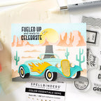 Spellbinders Hot Rod Flames Etched Dies S5-759 blue car yellow flame cactus celebration card