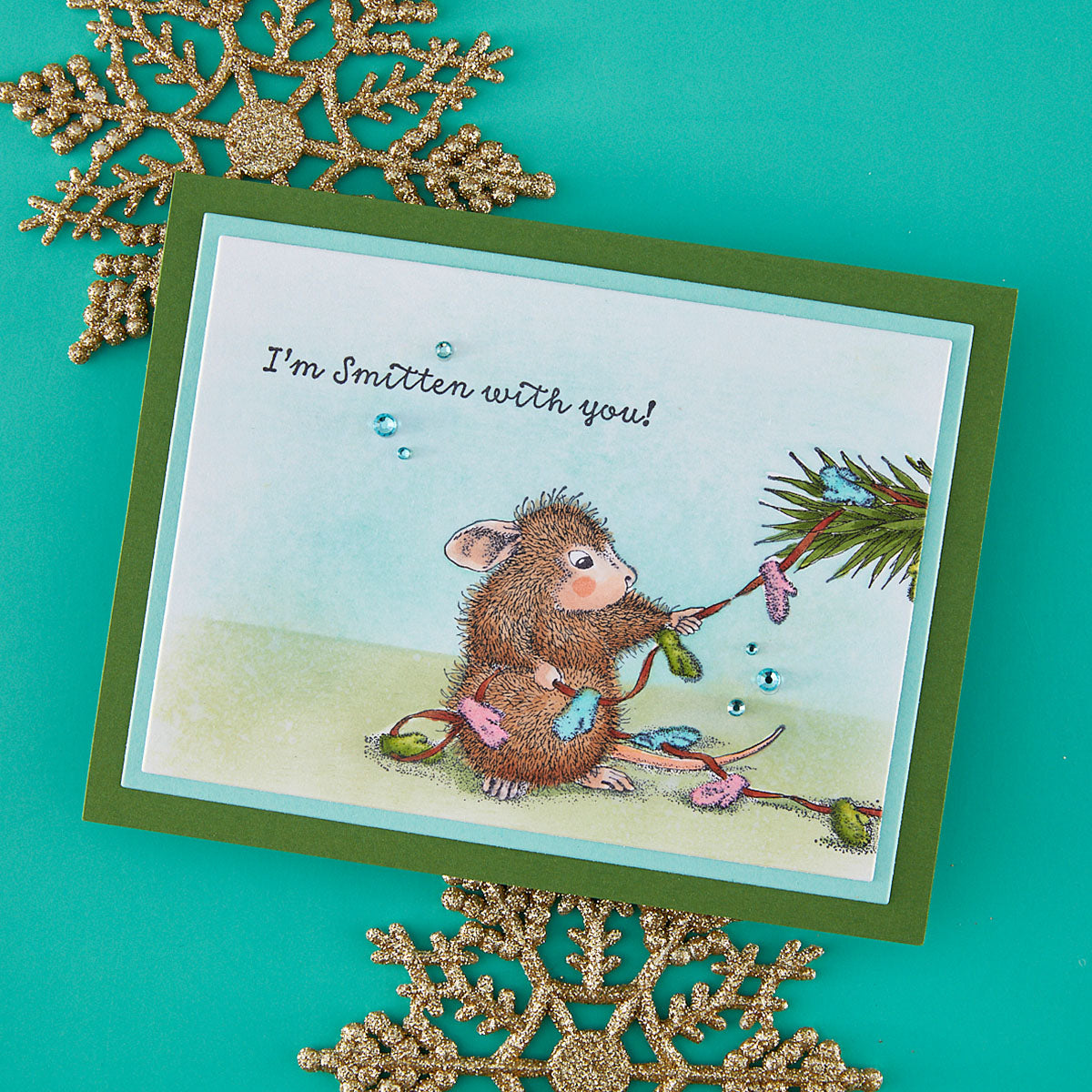 Spellbinders House Mouse Smitten with Mittens Cling Stamp Set rsc-082 colored gloves blue jewels i'm smitten with you card