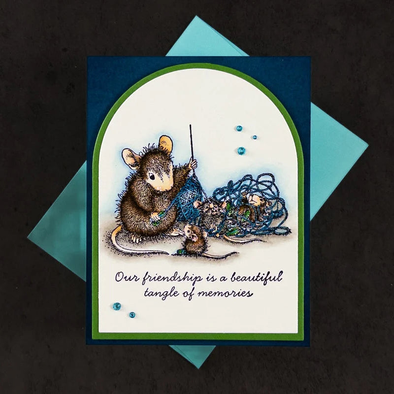 Spellbinders House Mouse Tangled Cling Stamp Set rsc-080 blue yarn string blue jewels friendship card 