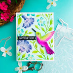 Spellbinders Hummingbird Garden 3D Embossing Folder and Die Set e3d-181 blue flowers pink and green hummingbird birthday card