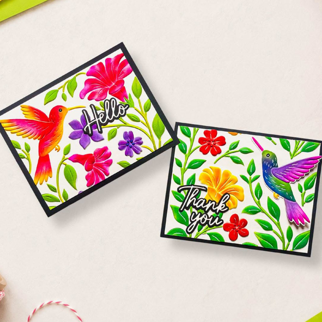 Spellbinders Hummingbird Garden 3D Embossing Folder and Die Set e3d-181 colored hummingbirds flowers thank you and hello card
