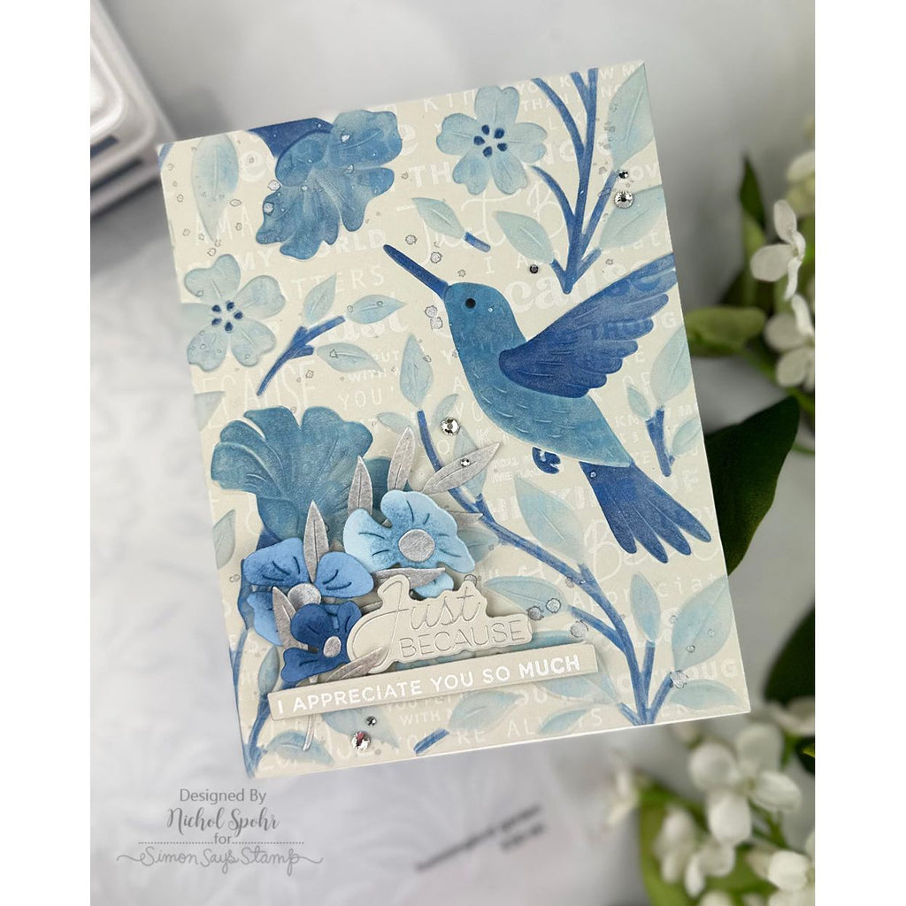 Spellbinders Hummingbird Garden 3D Folder, Die and Stencil Set bd-1104 blue hummingbird with blue flowers just because card nichol spohr | color-code:ALT01