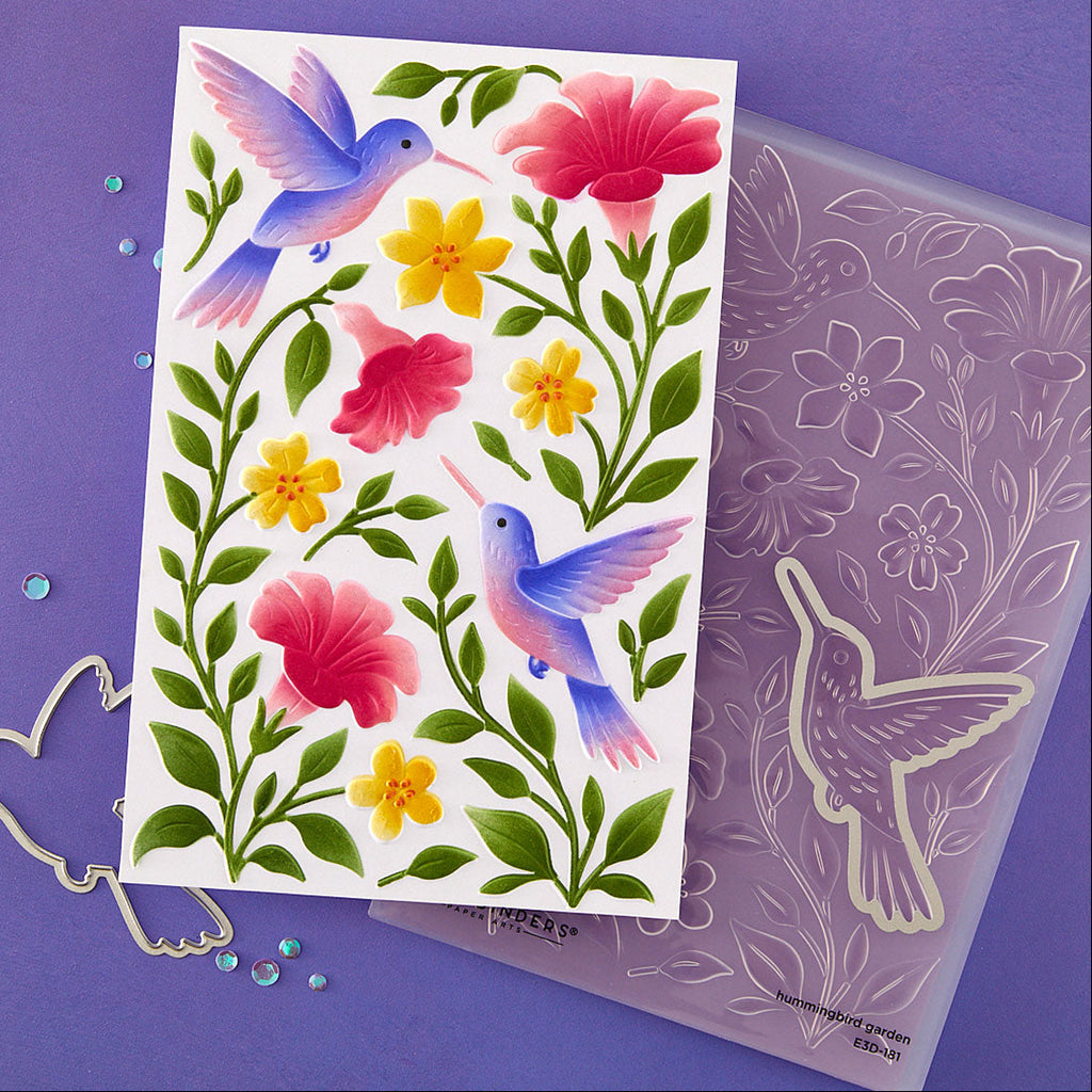 Spellbinders Hummingbird Garden 3D Folder, Die and Stencil Set bd-1104 pink and yellow flowers purple pink bird card
