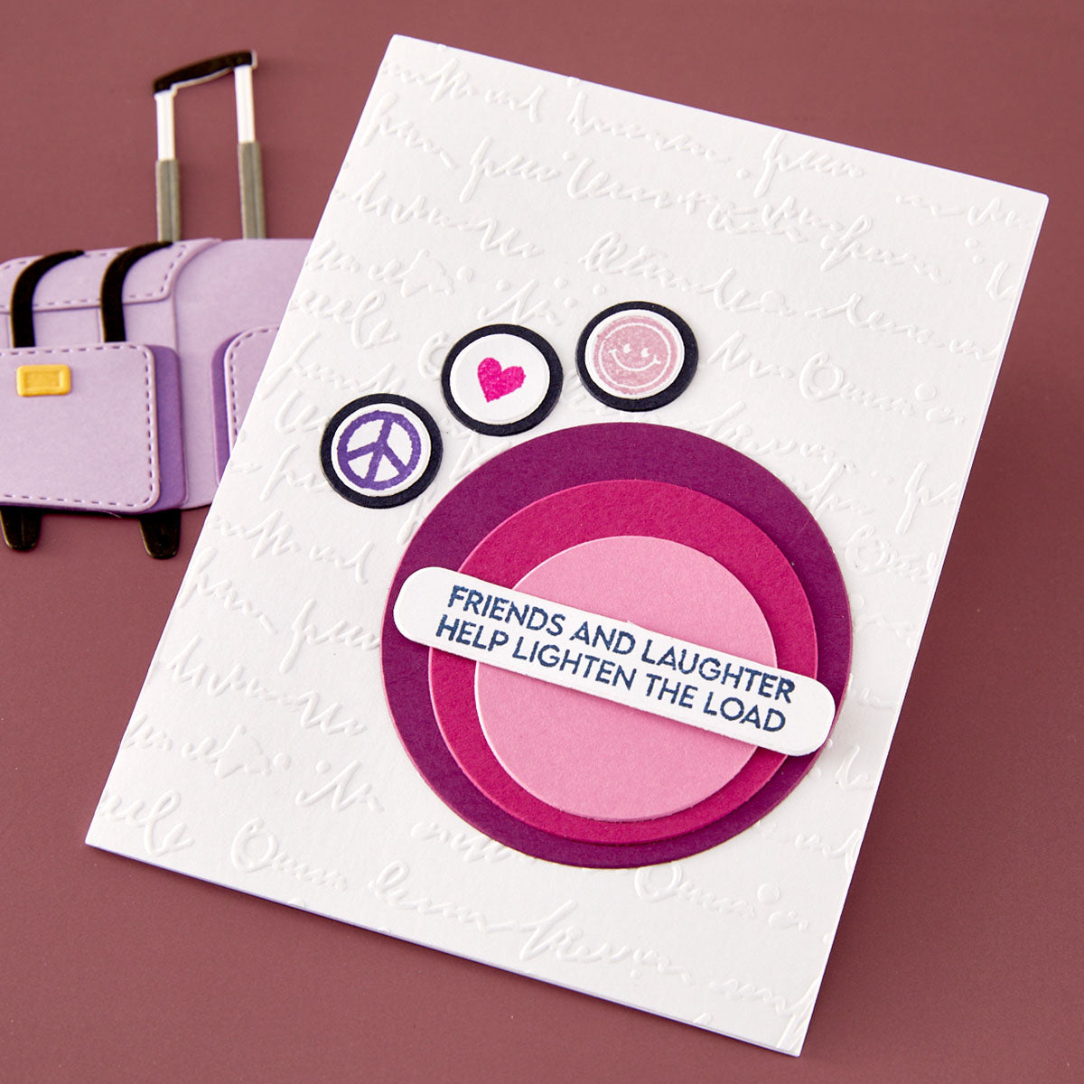 Spellbinders I Want It All We All Have Baggage Collection Stamp and Die Bundle friends and laughter