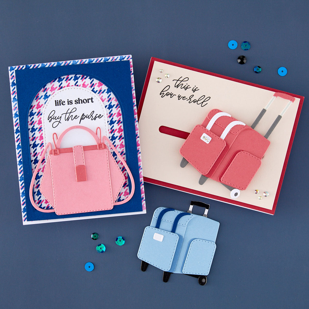 Spellbinders I Want It All We All Have Baggage Collection Stamp and Die Bundle life is short buy the purse