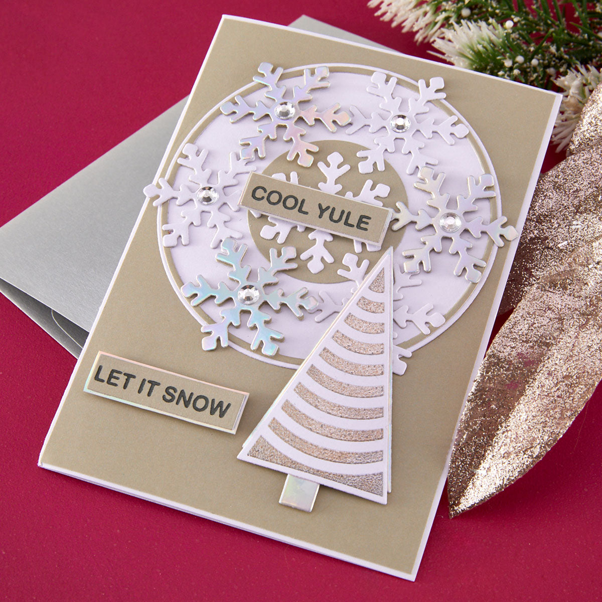 Spellbinders Infinity Trees Stamp and Die Set sds-234 snowflake wreath sparkle tree let it snow card