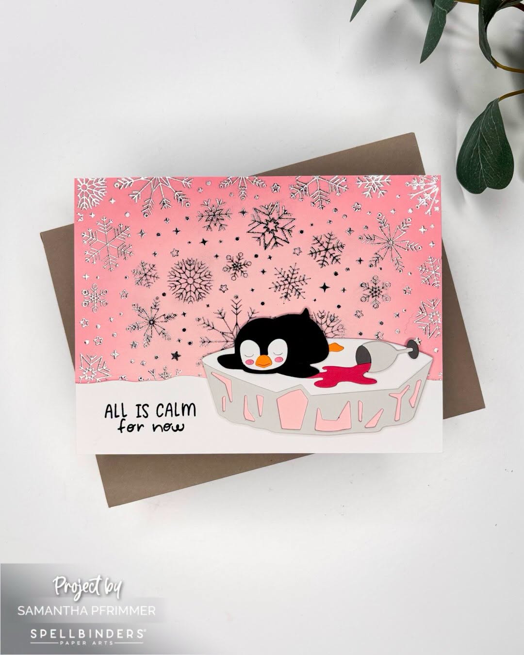 Spellbinders Joy-ish Sentiments Clear Stamp Set stp-296 penguin on ice snowflakes all is calm for now card samantha pfrimmer