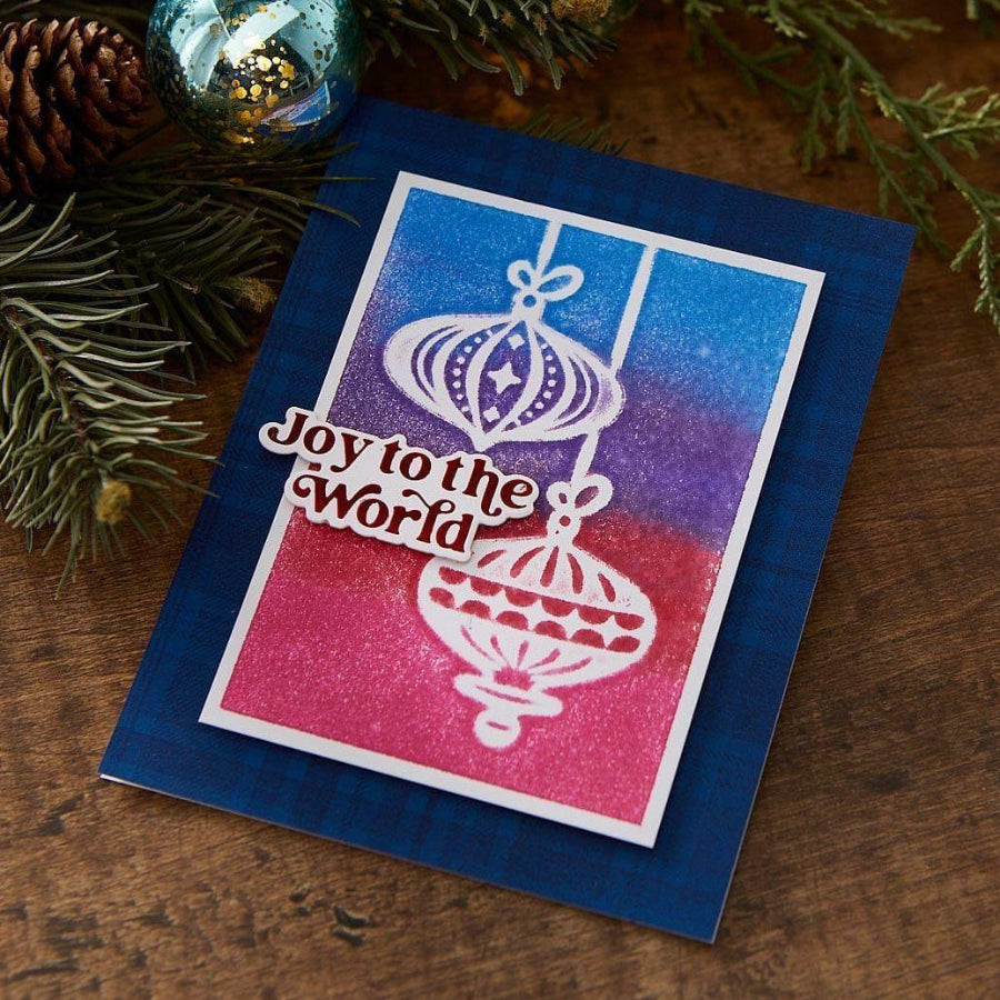 Spellbinders Joyful Christmas Sentiments Press and Foil Plate and Die Set bp-389 hanging white ornaments blue plaid trim border joy to the world card