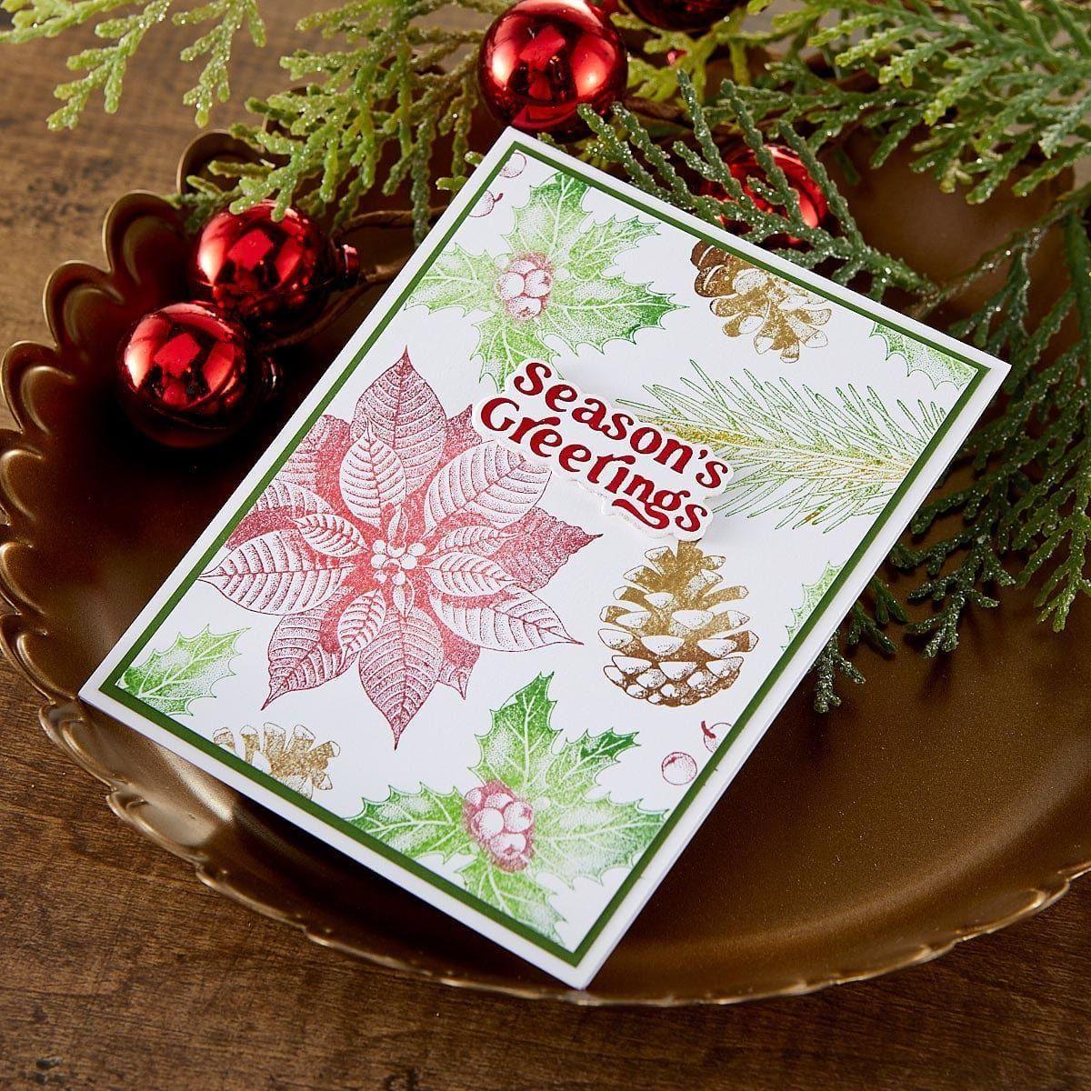 Spellbinders Joyful Christmas Sentiments Press and Foil Plate and Die Set bp-389 pinecone poinsettia flower garland berries season's greetings card