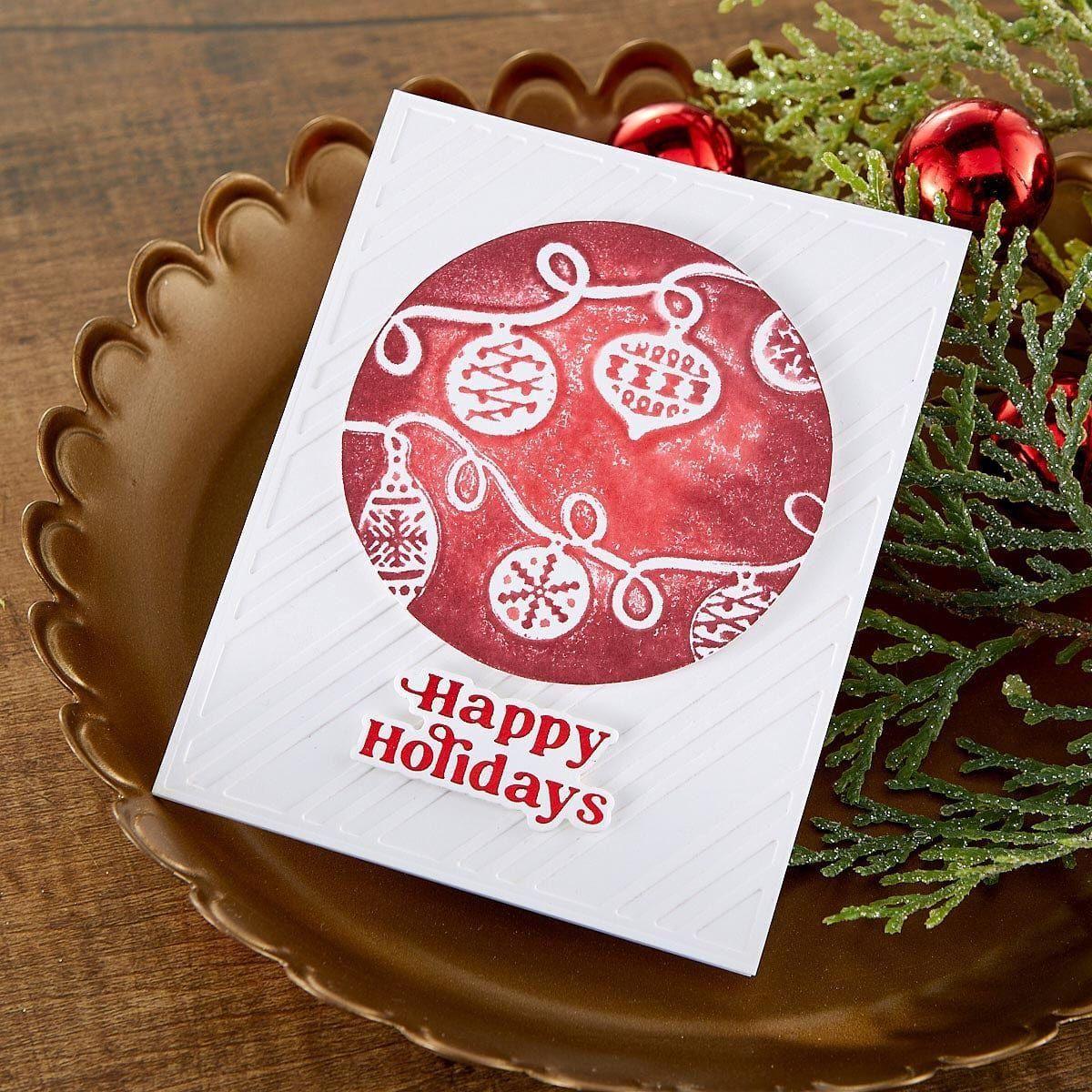 Spellbinders Joyful Christmas Sentiments Press and Foil Plate and Die Set bp-389 red ornament white stripped happy holidays card