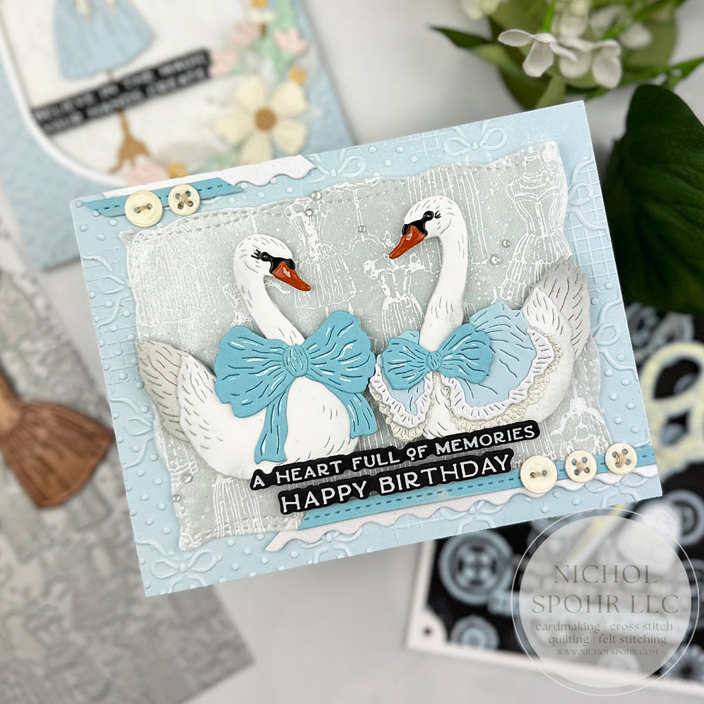 Spellbinders Keepsake Swans Etched Dies s4-1535 blue bows buttons happy birthday card nichol spohr | color-code:ALT01