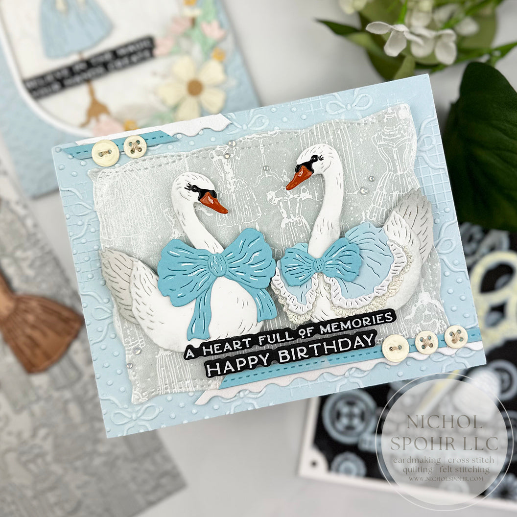 Spellbinders Keepsake Swans Etched Dies s4-1535 blue bows buttons happy birthday card nichol spohr | color-code:ALT01