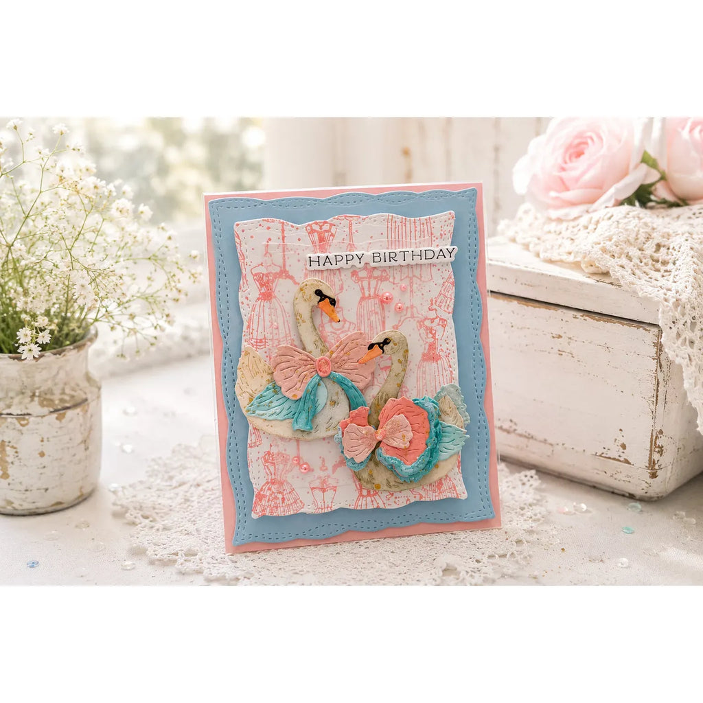 Spellbinders Keepsake Swans Etched Dies s4-1535 pink bows happy birthday card