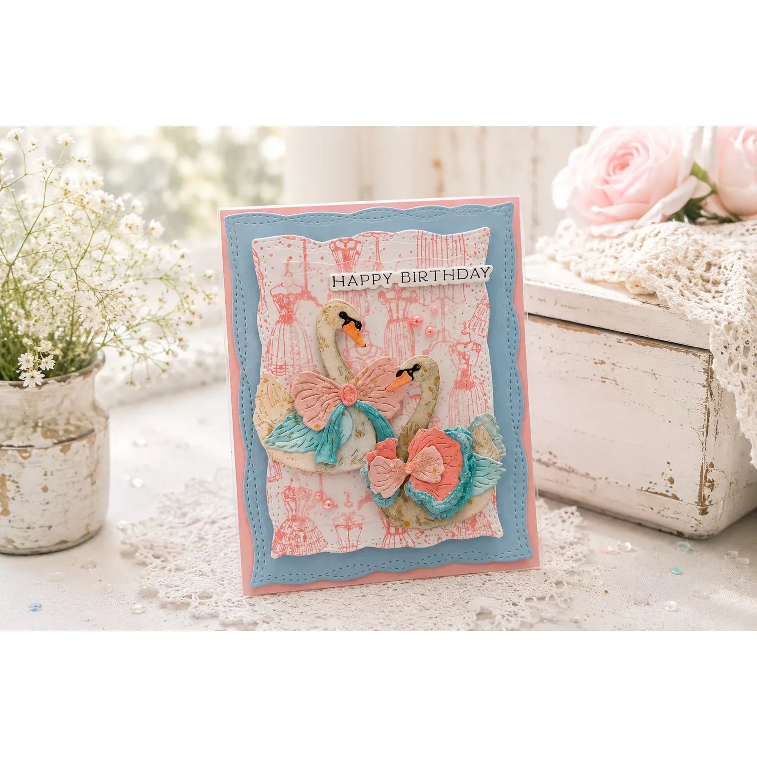 Spellbinders Keepsake Swans Etched Dies s4-1535 pink bows happy birthday card