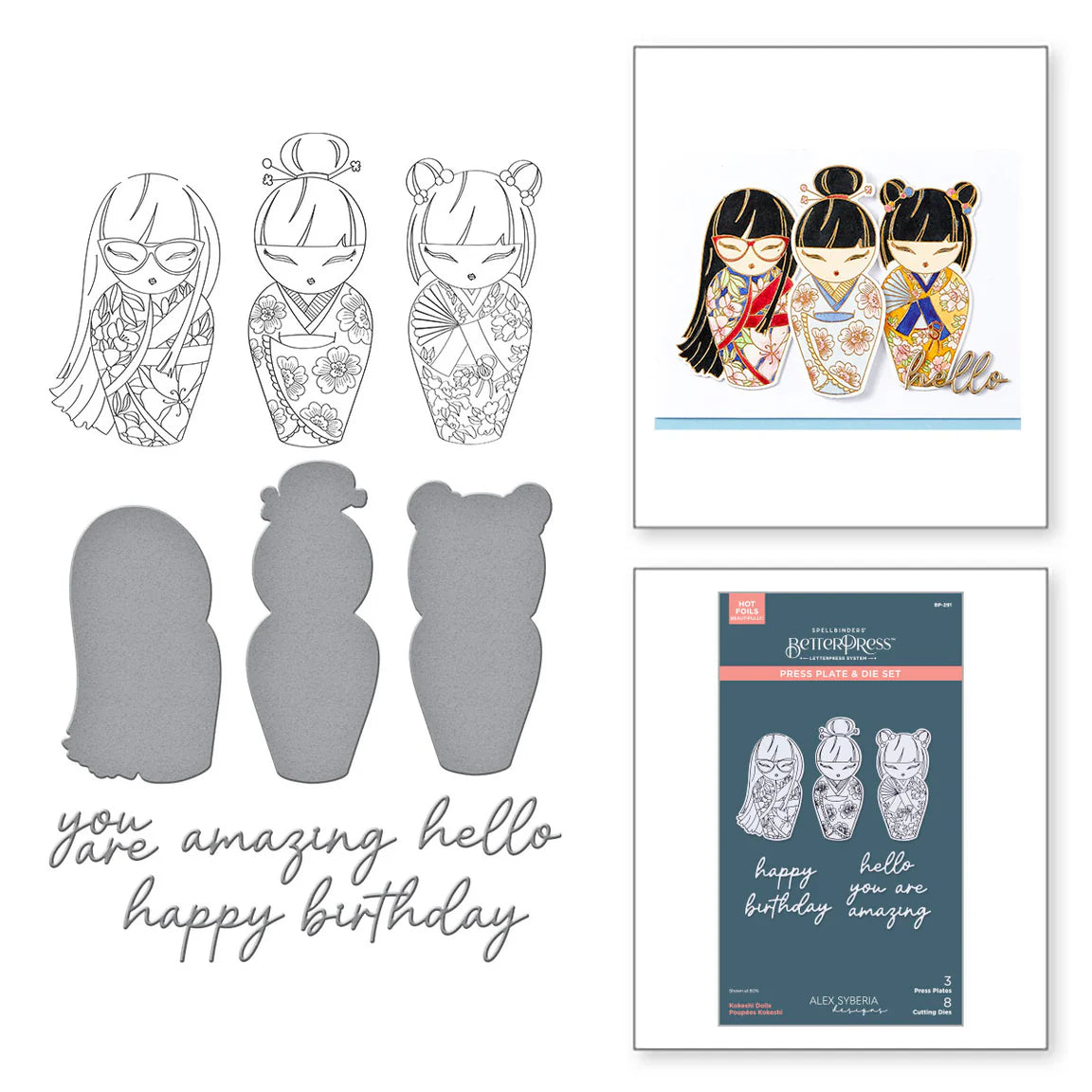 Spellbinders Kokeshi Dolls BetterPress Plate and Die Set bp-291