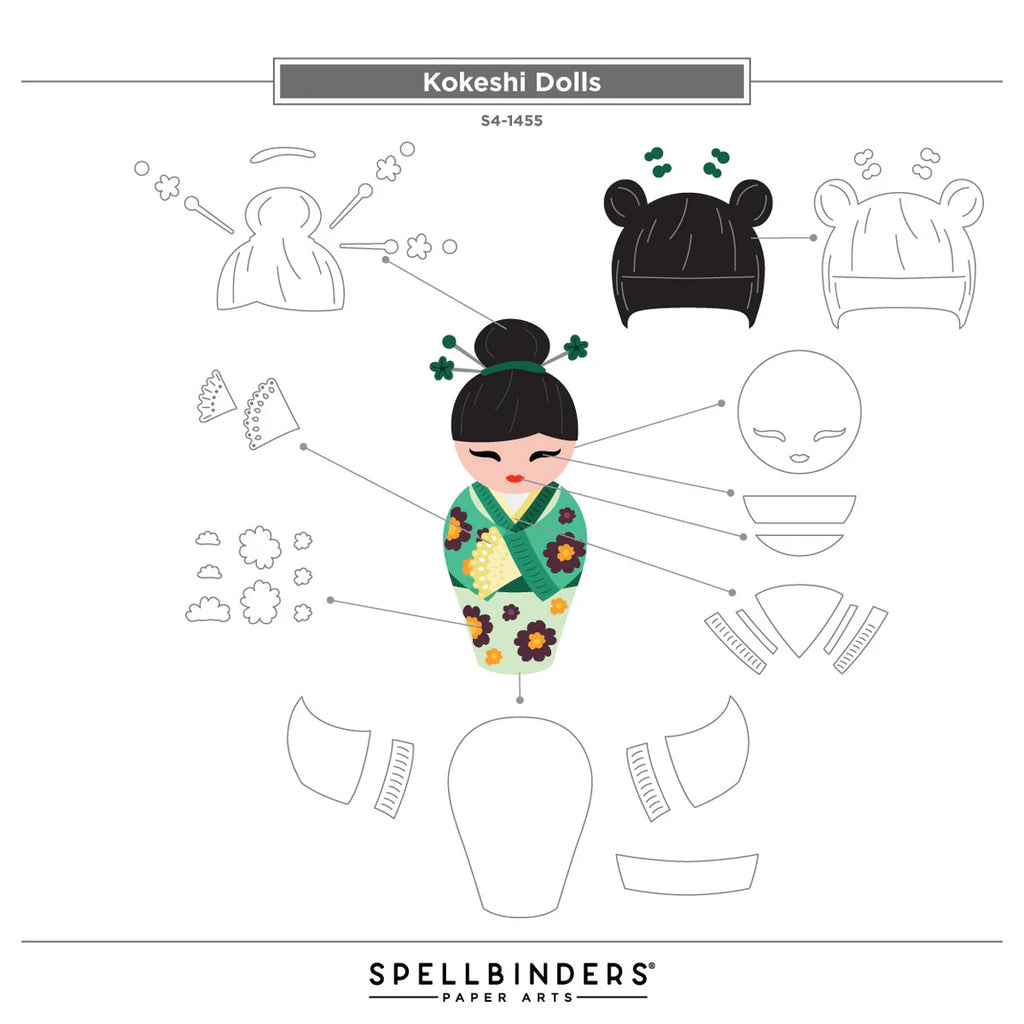 Spellbinders Kokeshi Dolls Etched Dies s4-1455 kokeshi