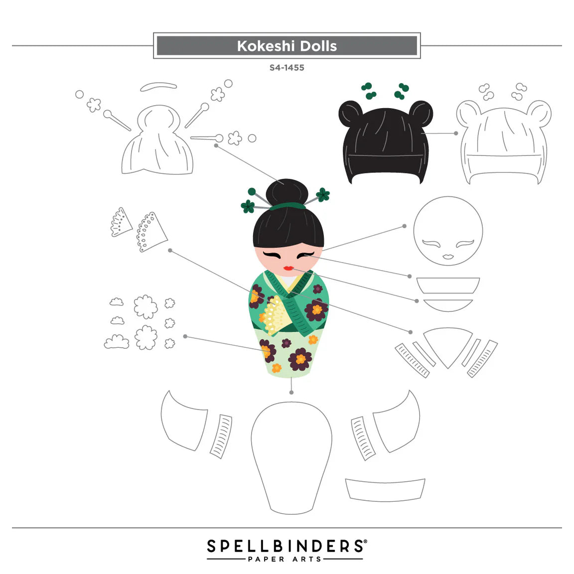 Spellbinders Kokeshi Dolls Etched Dies s4-1455 kokeshi