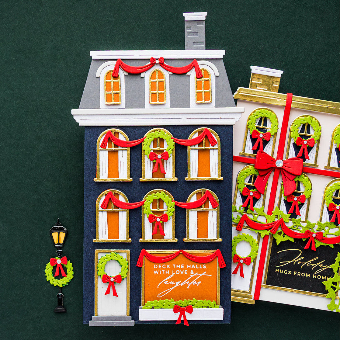 Spellbinders Mansard Roof Etched Dies s4-1575 blue house red ribbon wreaths deck the halls card yana smakula