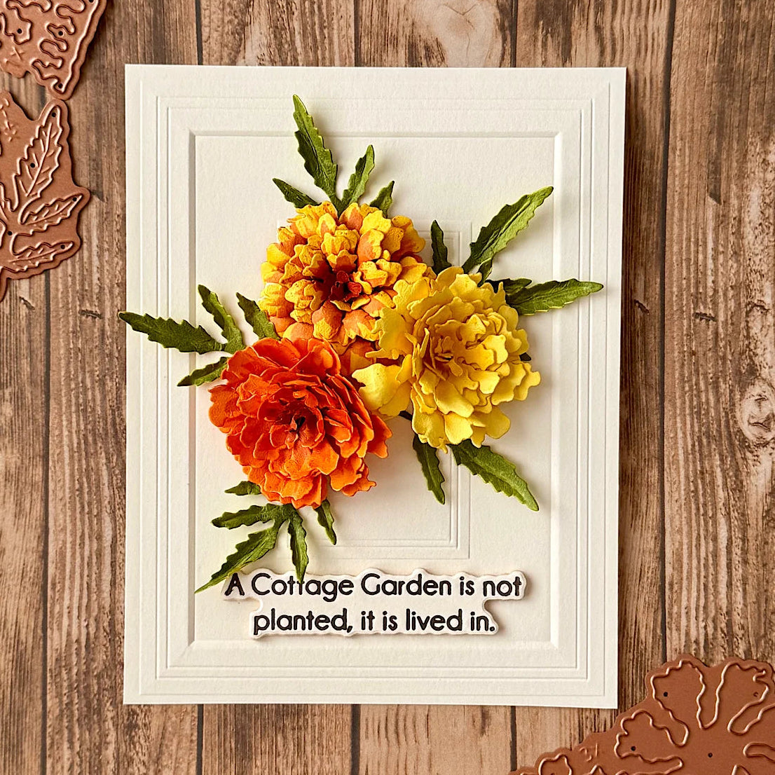 Spellbinders Marigold Etched Dies s3-590 yellow and orange flowers picture frame background card