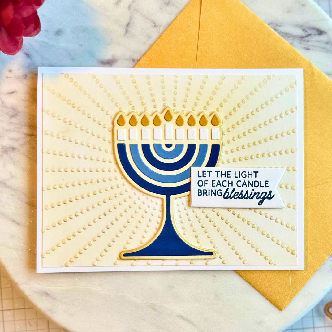 Spellbinders Menorah Lights Stamp and Die Set sds-233 blue candle holder hanukkah card
