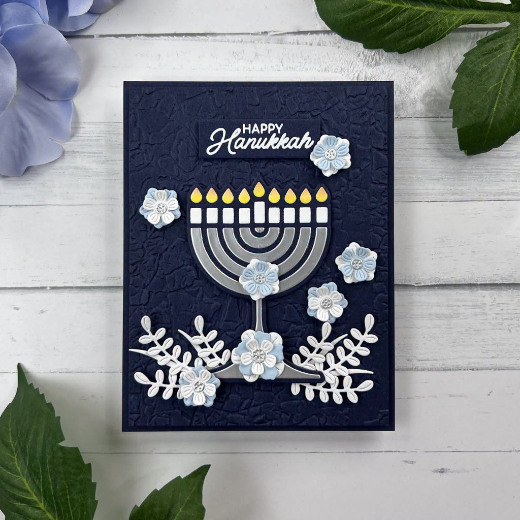 Spellbinders Menorah Lights Stamp and Die Set sds-233 flowers candles happy hanukkah card