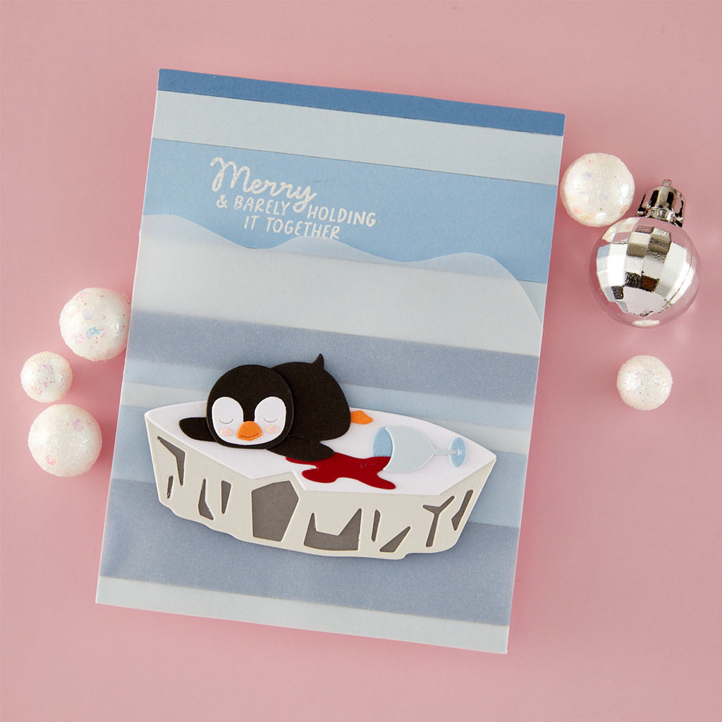 Spellbinders Merry Mayhem I want It All Stamp and Die bundle merry barely holding together funny penguin card