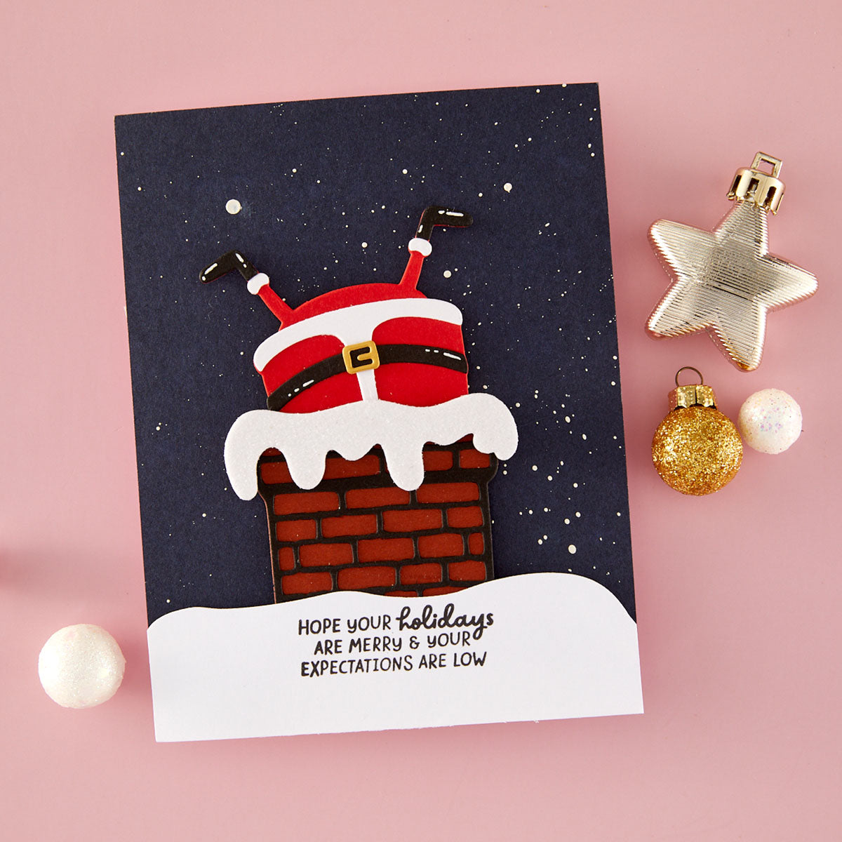 Spellbinders Merry Mayhem I want It All Stamp and Die bundle santa in chimney expectations low funny card