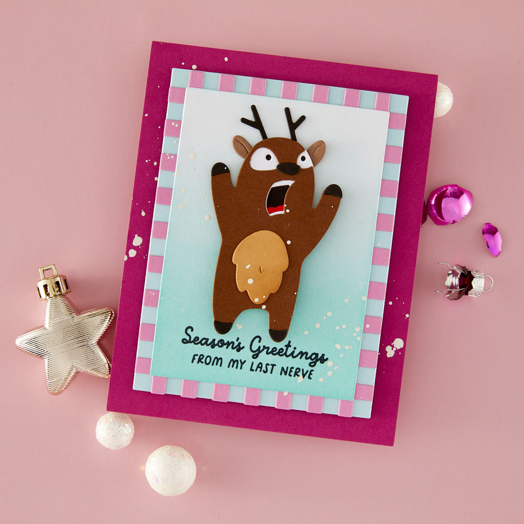 Spellbinders Merry Mayhem I want It All Stamp and Die bundle seasons greetings last nerve bear funny card