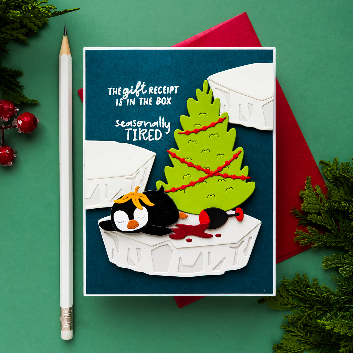 Spellbinders Merry Mayhem Stamp and Die Set bd-1152 penguin on ice burg christmas tree wine glass card yana smakula