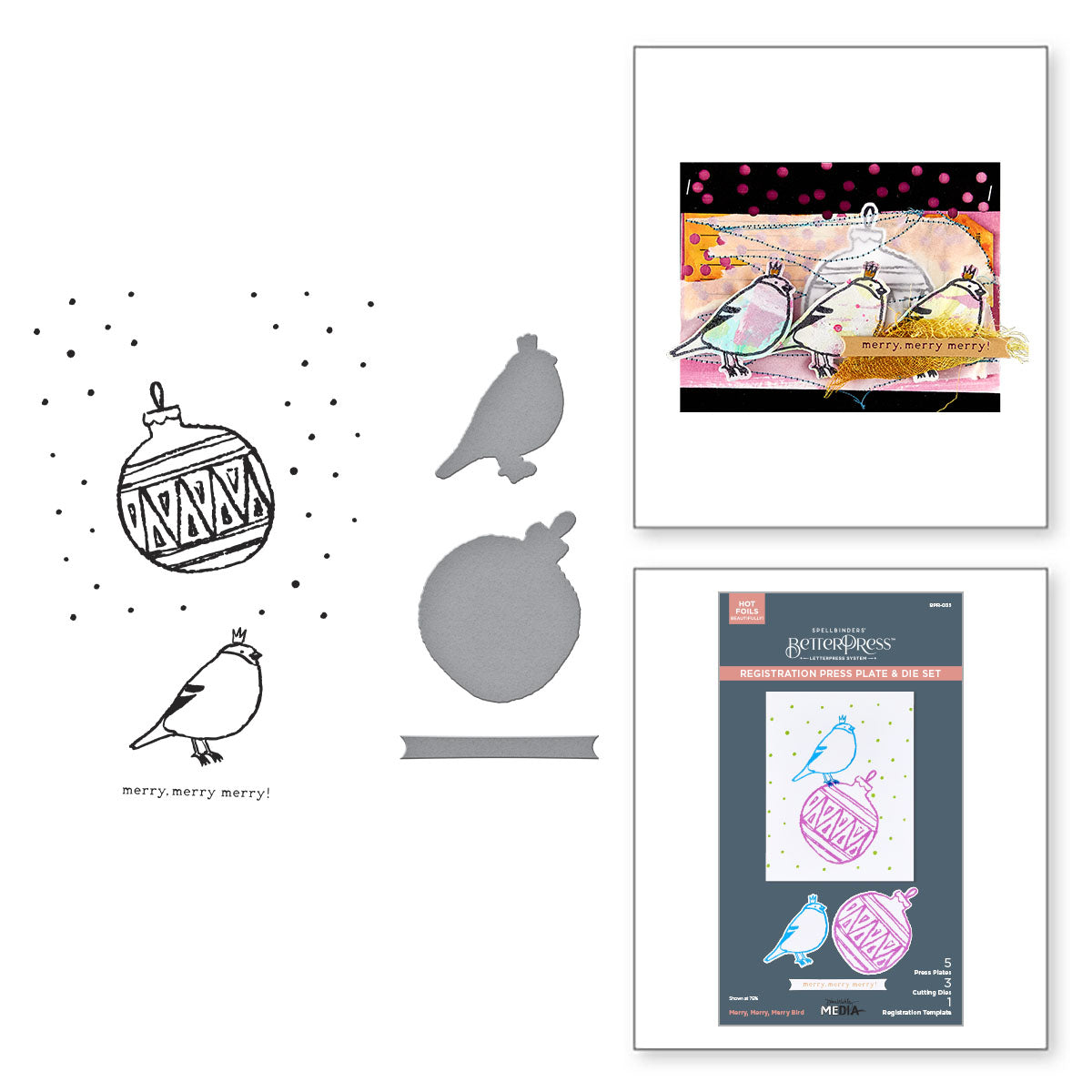 Spellbinders Merry, Merry, Merry Bird Registration Press Plate and Die Set bpr-035
