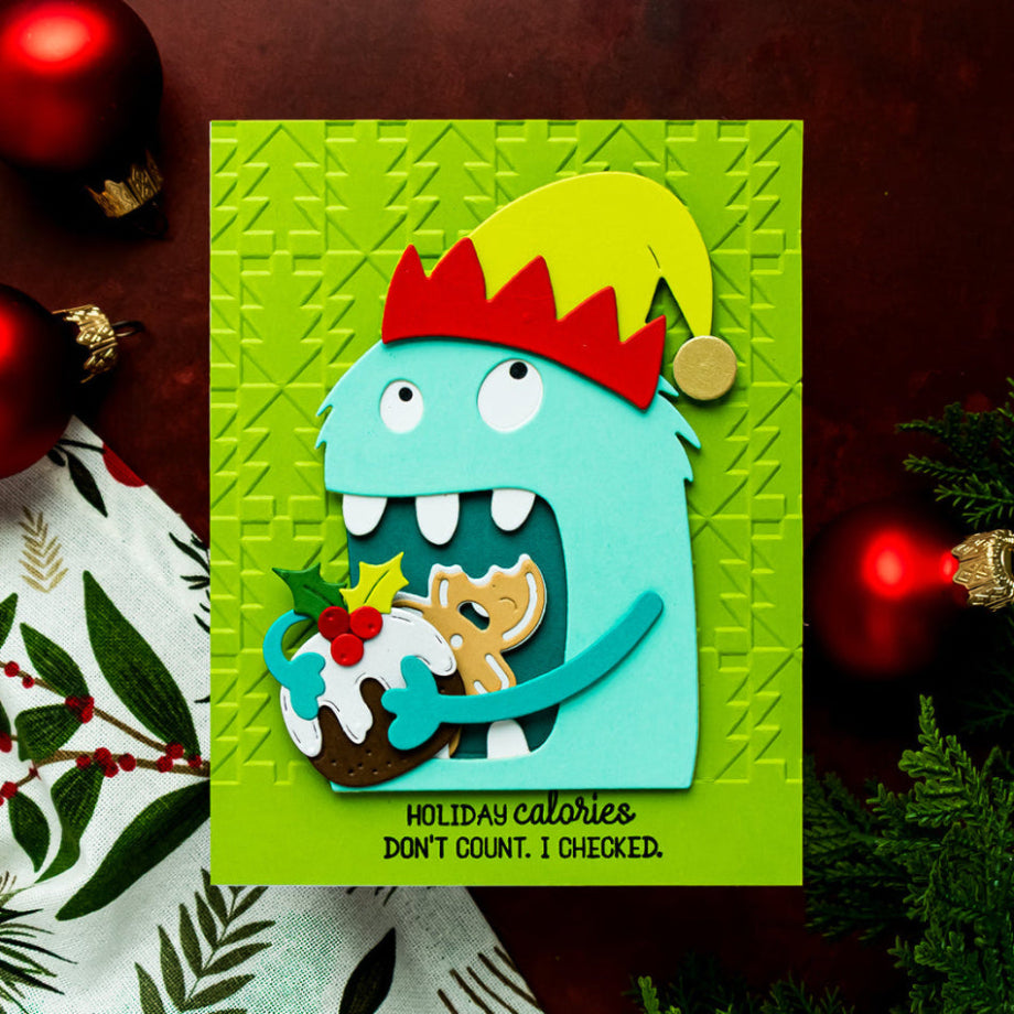 Spellbinders Merry Munchies Stamp and Die Set sds-242 gingerbread man red and red hat cake blue monster card yana smakula | color-code:ALT01